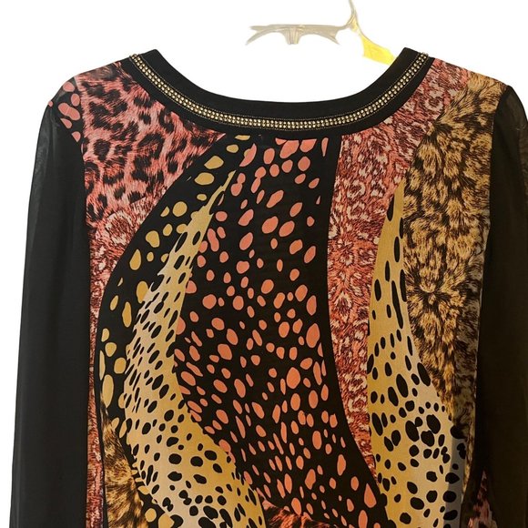 Nominal Blouse Womens 14 Geometric Animal Print Sheer Lace Back Gems Flowy - Picture 2 of 12